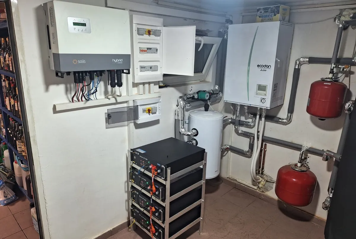 Boiler room with a 20 kW hybrid inverter, batteries and a heat pump